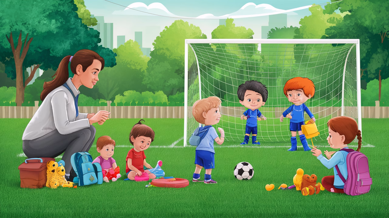 Babysitter at sports field with young kids