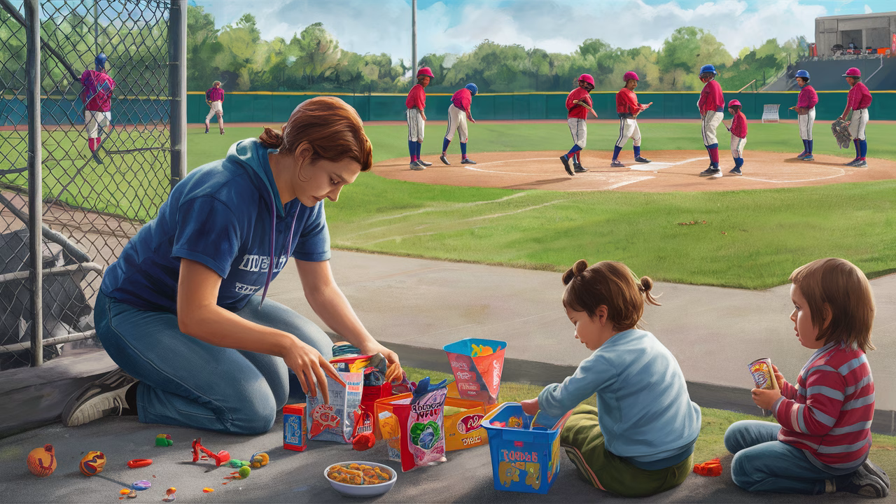 Babysitter organizing kids at sports sidelines