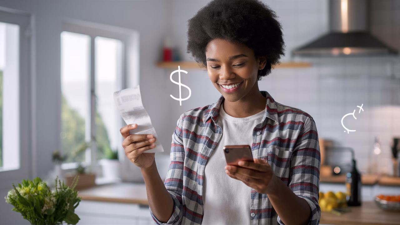 Woman scanning grocery receipt