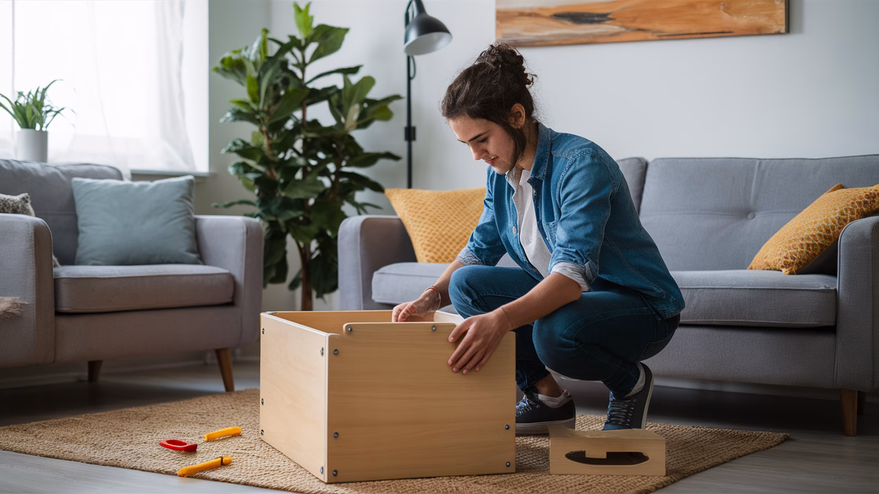 Assembling IKEA shelf in bright room