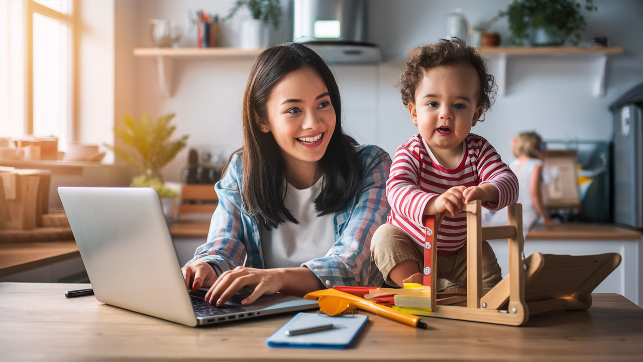 Flexible side hustles for moms Mother managing online business from home, laptop and toddler