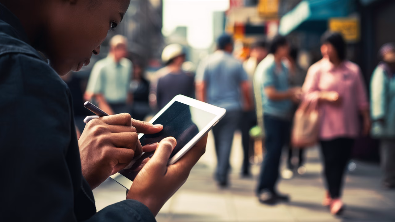 Capturing insights from daily life Person taking notes on a tablet, observing a busy city street scene