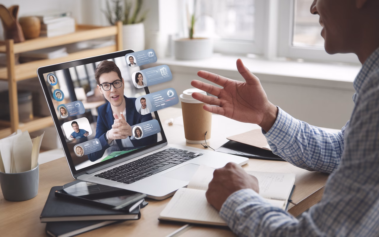 Virtual Consultation Marketing Professional communicating virtually, laptop and coffee