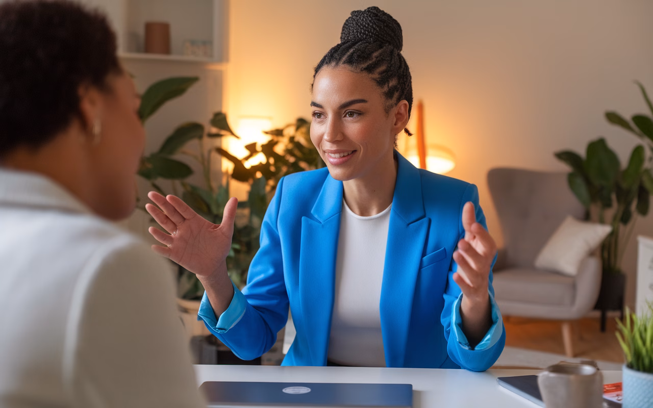 Expert online coach helping a client. Online life coach providing guidance during a virtual session.