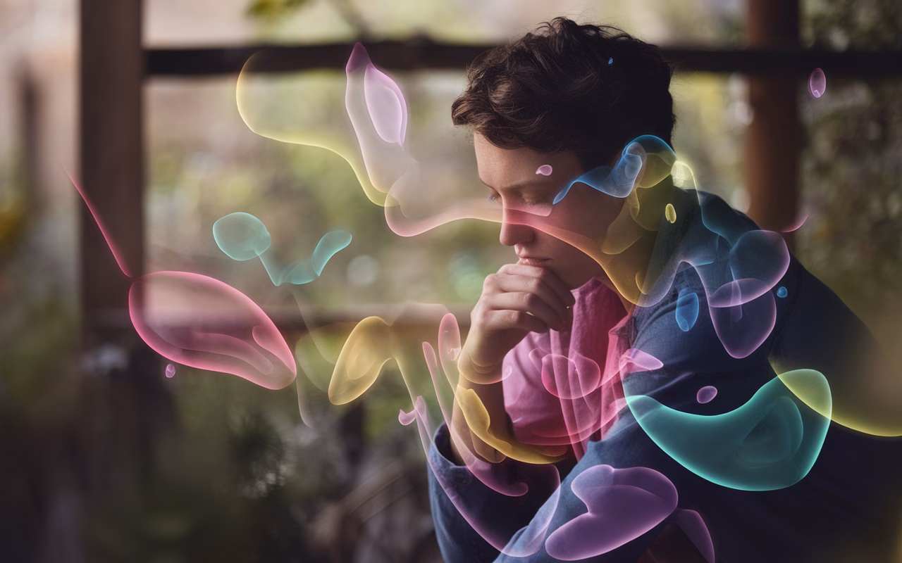 Independent Thinking Inspires Creativity Person deep in thought, surrounded by floating ideas