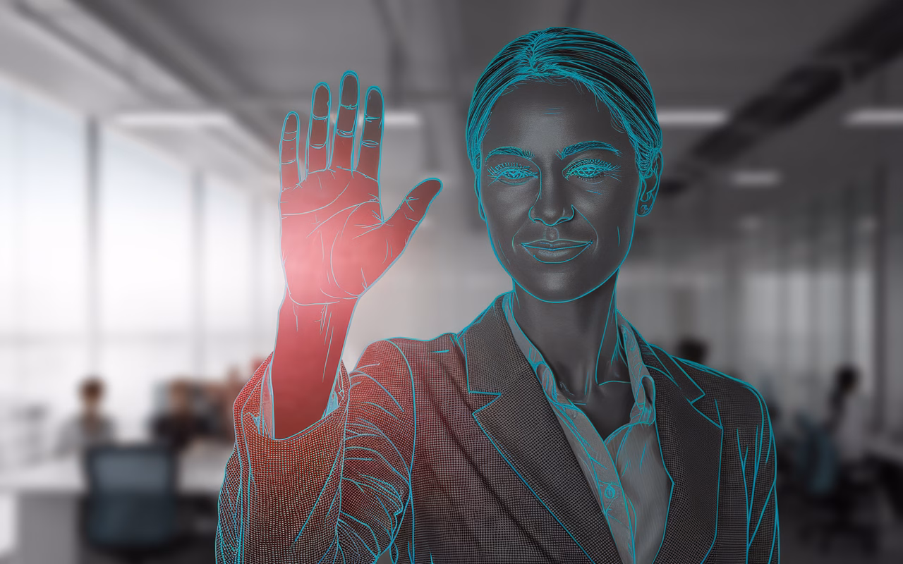 Confidently decline requests Professional confidently declining a request in a modern office, showing assertiveness and effective communication skills.