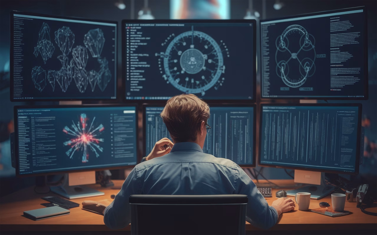 Virtual Devil's Advocate Role Evaluation Person evaluating multiple options, conceptualizing a professional virtual devil's advocate role