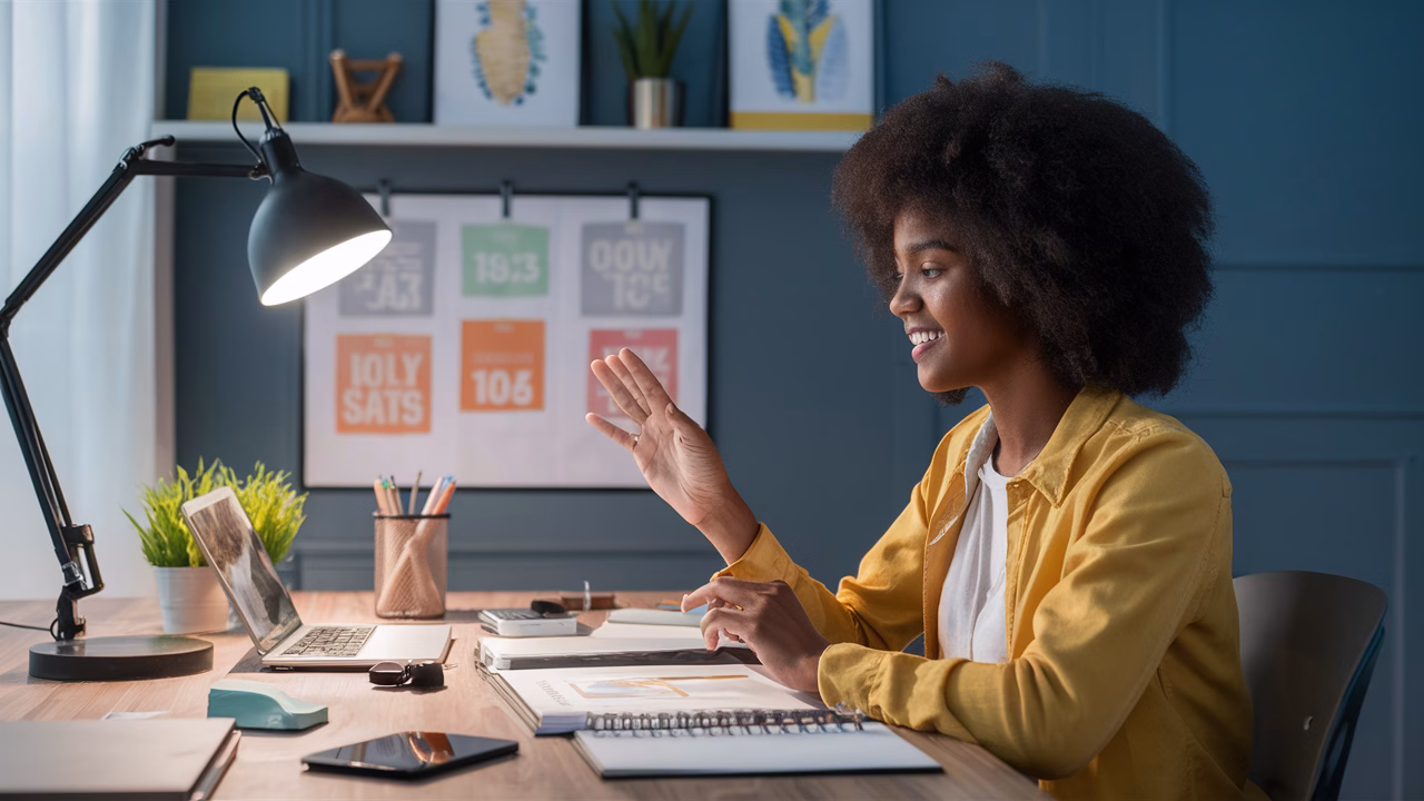 Professional virtual goal setter at work Professional goal setter working virtually with client