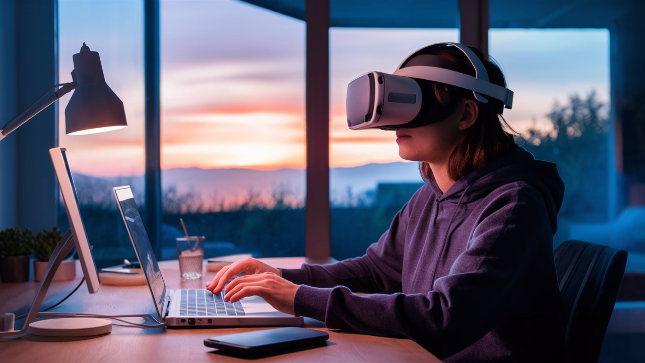 Remote VR work-life balance Person in VR headset working from home office