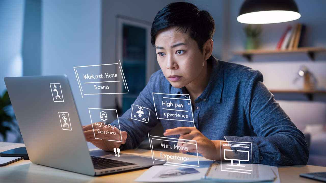 Expert checks online job offers for authenticity Professional at laptop, scrutinizing online job offers, wary of scams