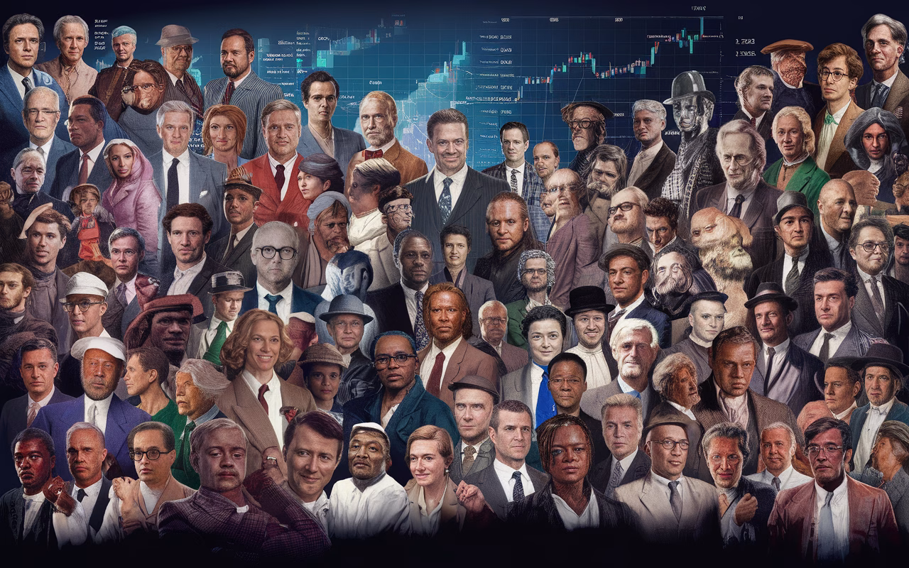 Real-world examples of contrarian success. Diverse leaders with unconventional thinking, achieving business success.