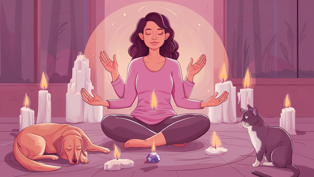 Virtual pet psychic communicating with dog woman connecting with dog telepathically