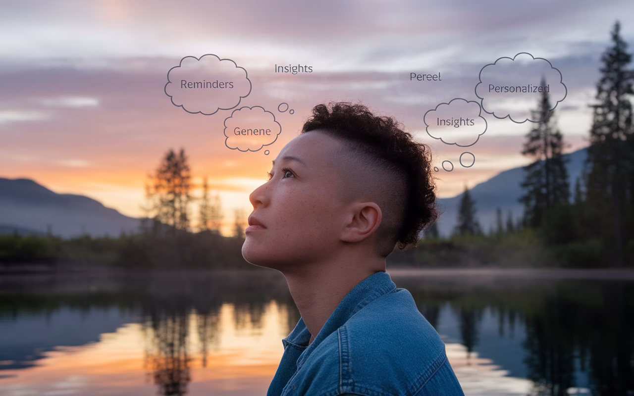 The power of personalized insights and reminders Person contemplating personalized daily reminders at sunrise