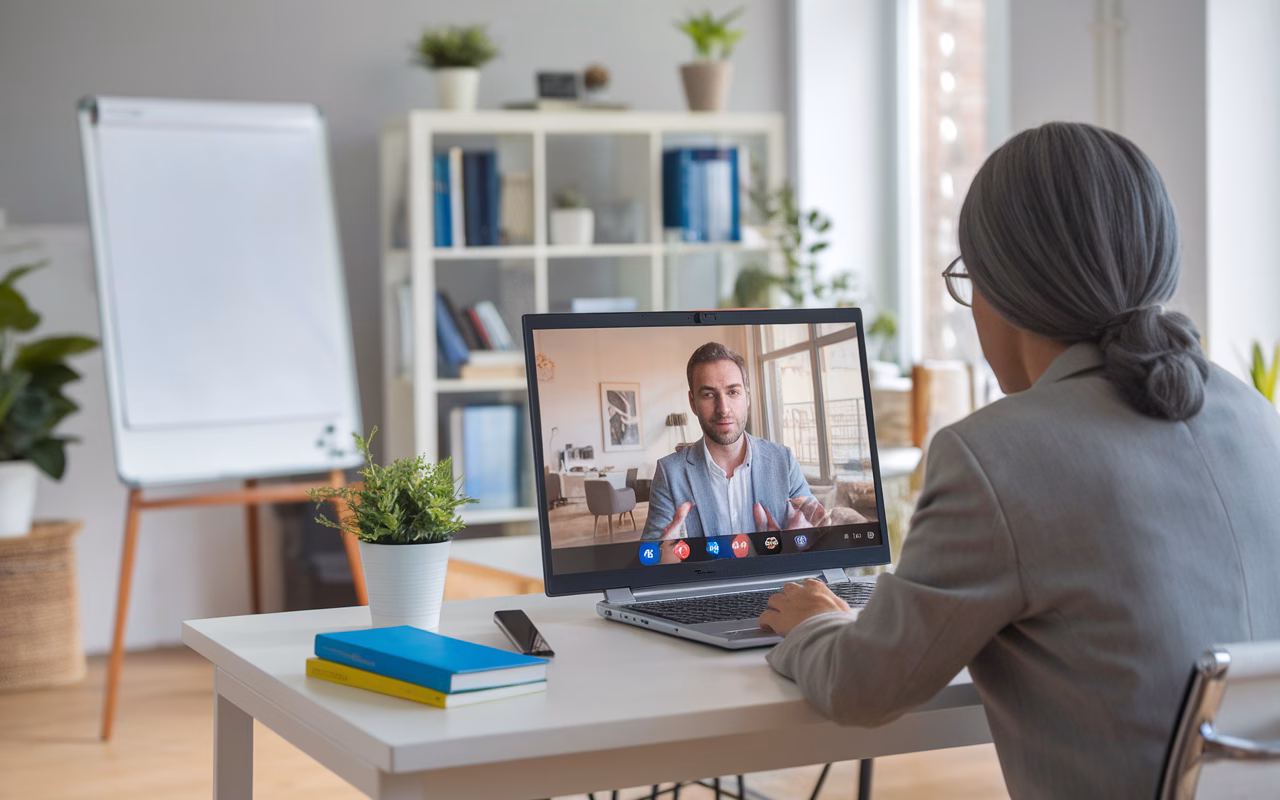 Virtual Consultant Helping Client Expert advising client virtually, professional setting
