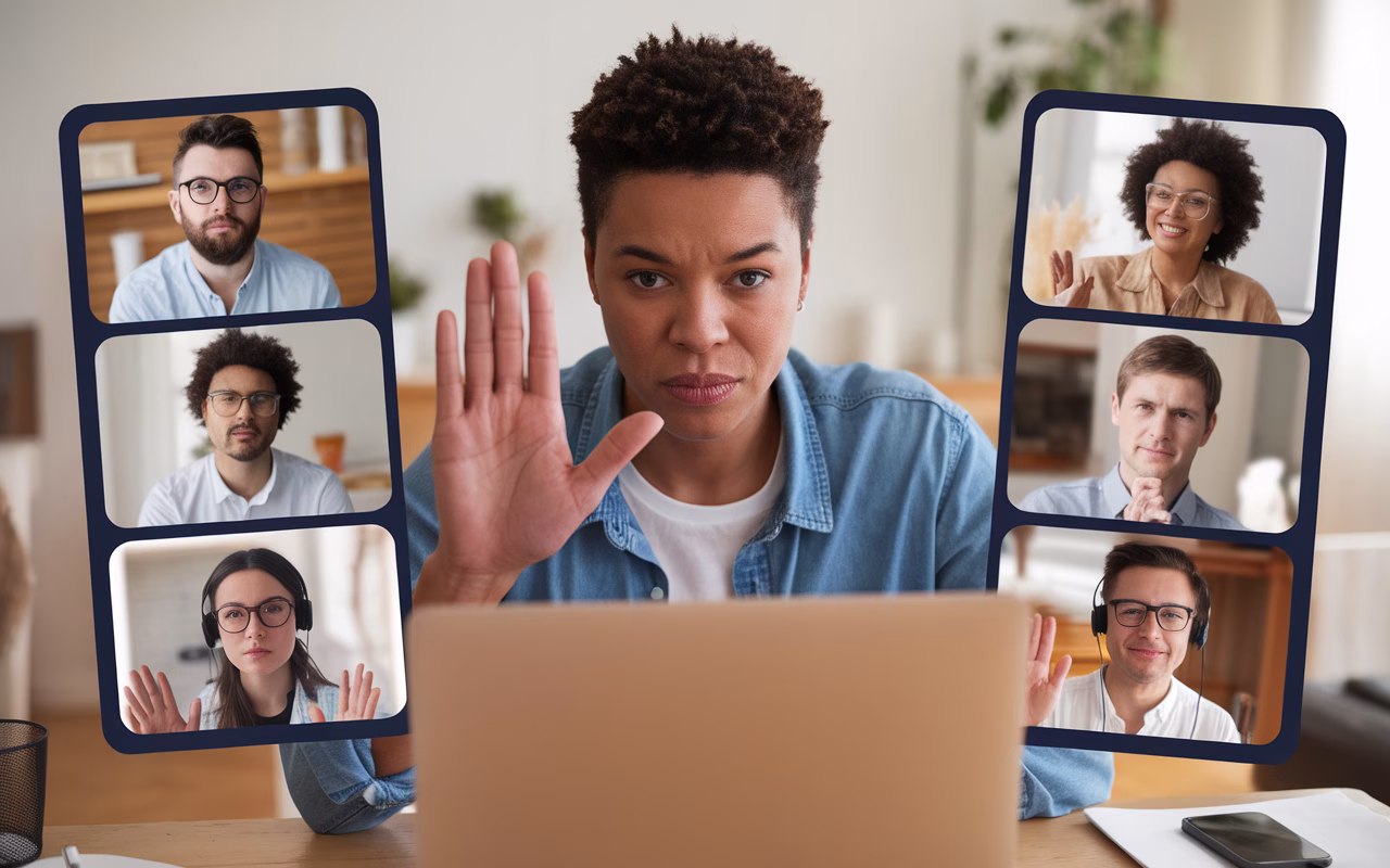 Confident Communication in Virtual Meetings Person confidently setting boundaries in a virtual meeting