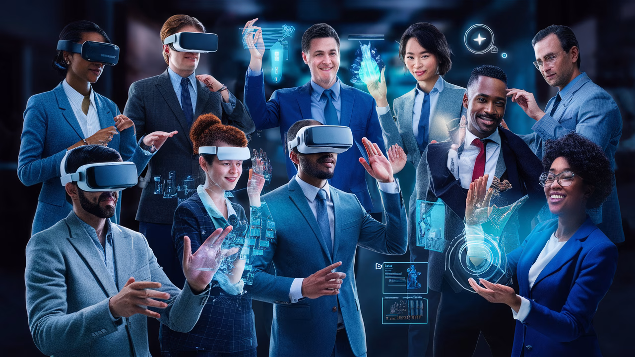 VR environment collaboration Professionals collaborating in a futuristic VR environment