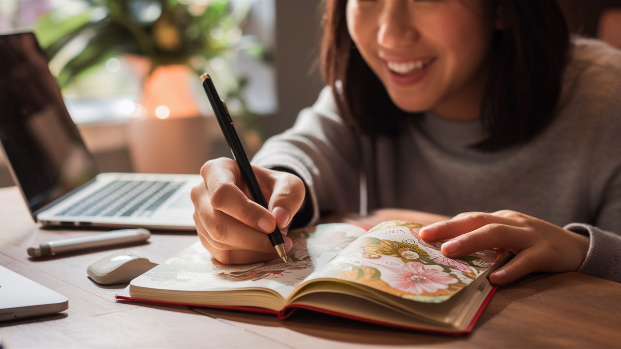Journaling for gratitude and profit Woman happily writing in gratitude journal