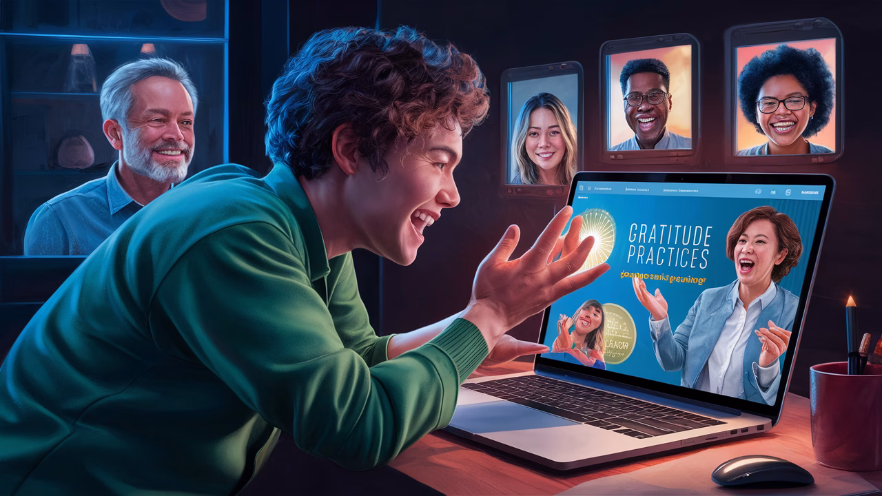 Monetize gratitude: Your profit journey Woman sharing gratitude practices online