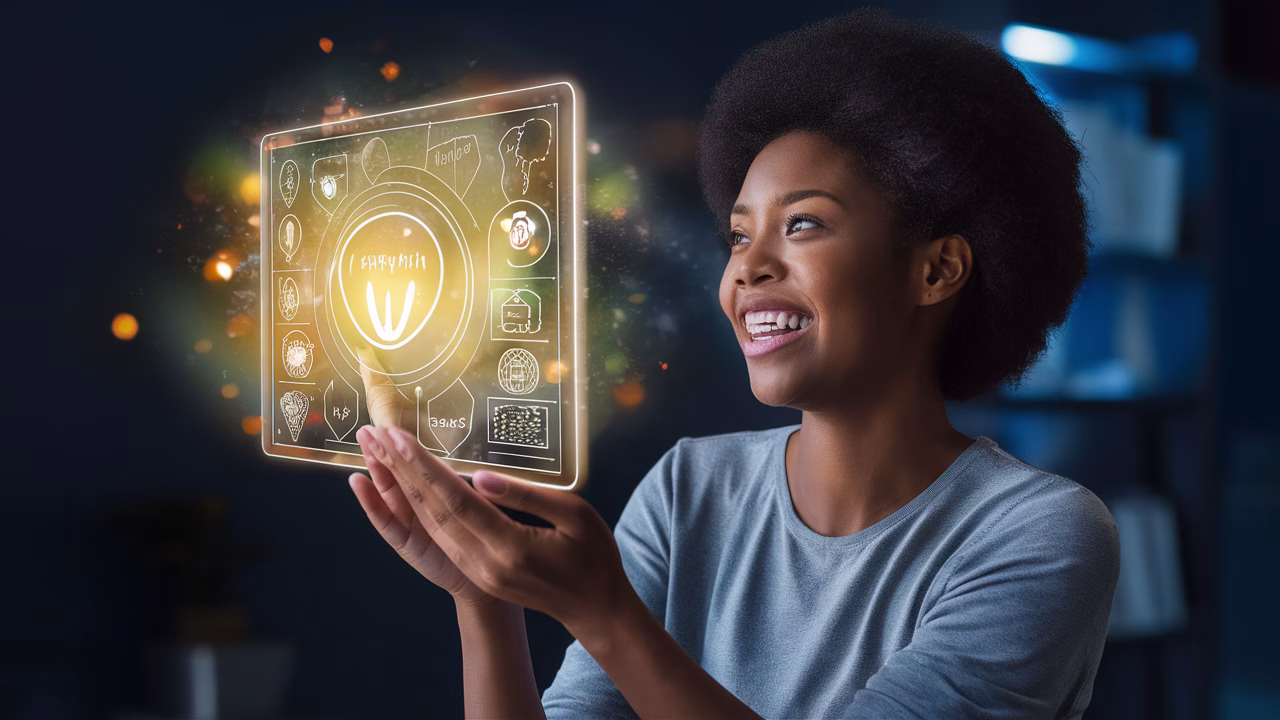 Virtual Vision Board Success Woman happily looking at a virtual vision board on a tablet